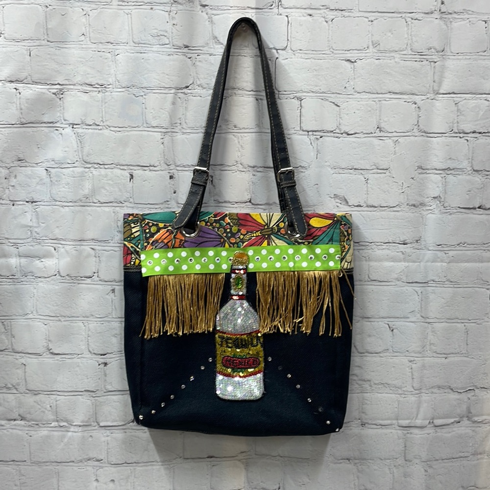 Sequin tequila Mexico rhinestone fringe tote bag